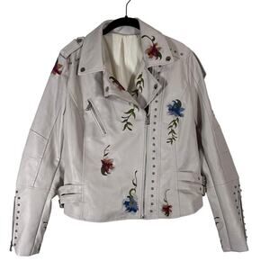 Bollrllr Women Floral Print Embroidered Faux Leather Jacket Lapel Collar Size L